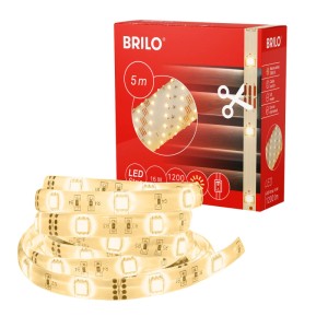 Brilo LED szalag, 5 m, meleg fehér, kábeles kapcsolóval és csomagolással.