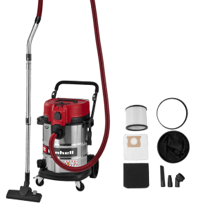 Einhell TE-VC 5090 SACL nedves-száraz porszívó 50L rozsdamentes tartállyal, piros fedéllel, csővel és tartozékokkal.