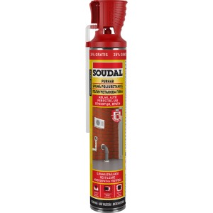 Piros Soudal Purhab doboz, poliuretán hab ablakokhoz, ajtókhoz és egyebekhez.