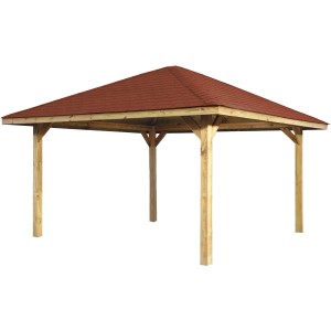 Weka Pavilon Gartenoase 651 A, 480x480 cm, piros tetővel és fa oszlopokkal.