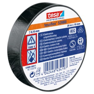 Fekete t.b.t. szigetelőszalag a Tesától, 20m x 19mm, elektromos szereléshez.