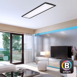 Szabályozható LED mennyezeti lámpa Piatto S B-Smart Panel fekete színben, 28W a nappaliban.