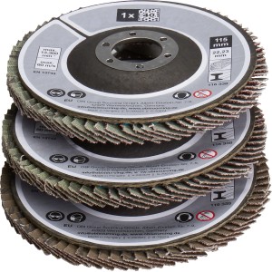 3 részes lamellás csiszolókorong készlet 115 mm sarokcsiszolókhoz, különböző szemcsézet.