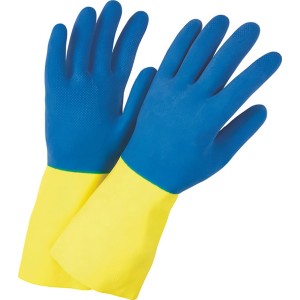Kék/sárga OBI Robust M méretű latex háztartási kesztyű tisztításhoz.