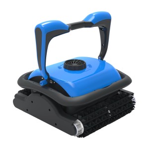Kék t.b.t. medence robot fekete fogantyúval és kefékkel.