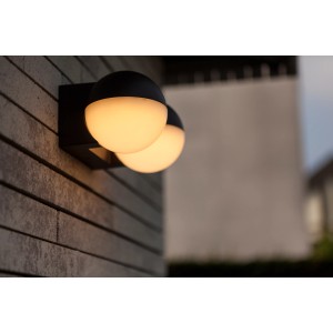 Modern LED kültéri fali lámpa két kerek, világító lámpával fekete színben.