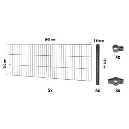 Egyrudas hálós kerítéspanel készlet Classic antracit 75 cm x 1000 cm