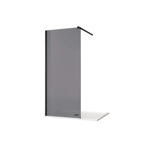 Szürke t.b.t. zuhanyfal fekete stabilizáló karral, fehér zuhanytálcán.
