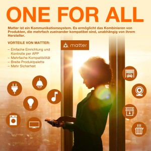 Osram Smart-WiFi elosztó a Matter logóval és Smart Home eszközök ikonjaival.
