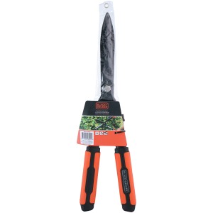 Black+Decker sövényvágó narancs-fekete fogantyúkkal, csomagolva.