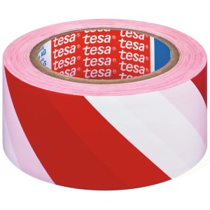 Piros-fehér csíkos t.b.t. ragasztószalag a tesától tekercsen.
