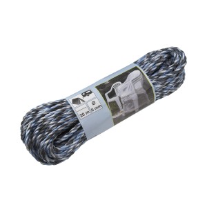 Többcélú kötél, 6 mm átmérő, 20 m hossz, polipropilén, sodrott, kék-szürke-fehér.