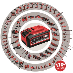 Einhell Power X-Change PXC-Twinpack 2,5 Ah akkumulátor szerszámokkal a háttérben.
