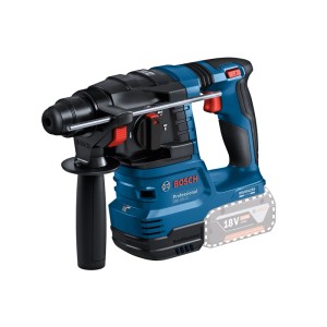 Bosch Professional Combi-Set: Kék GBH 18V-22 akkus fúrókalapács kiegészítő fogantyúval és mélységütközővel.