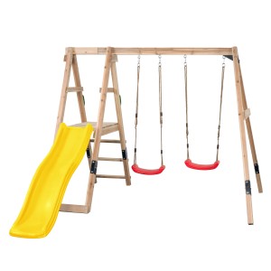 Swing King Ava hinta sárga csúszdával és két piros fa ülőkével.