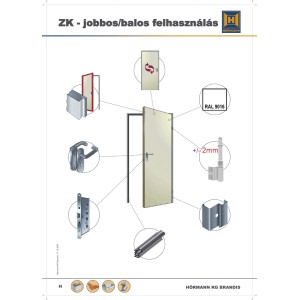 Ábra egy t.b.t. acélajtóról tartozékokkal és műszaki részletekkel.