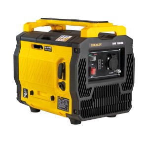 Sárga-fekete Stanley áramfejlesztő, SIG 1200S modell. Kompakt generátor építkezésekhez és kertekhez.