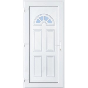 Fehér bejárati ajtó üvegbetéttel a felső részén.