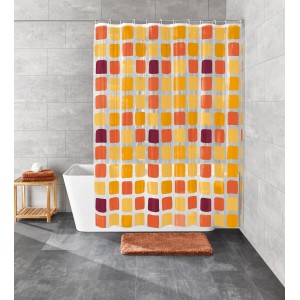 Kleine Wolke Sonny zuhanyfüggöny, 180x200 cm, sárga, narancssárga és barna négyzetekkel.