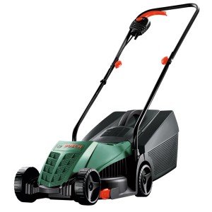 Bosch Easy Rotak 32-215 elektromos fűnyíró zöld-fekete, narancssárga elemekkel, összecsukható fogantyúval, fűgyűjtővel.