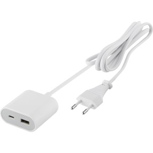 Fehér USB-A + USB-C töltő 1,5 m kábellel és euró dugóval (17,5 W) audio tartozékokhoz.
