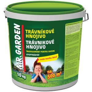 Vödör Mr. Garden gyepműtrágya, 500 m² gyepfelületre alkalmas.