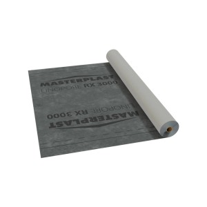 Tekercs és egy darab szürke építési fólia MASTERPLAST LINOPORE RX 3000 felirattal.