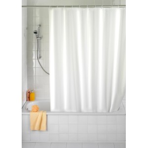 Wenko Uni White zuhanyfüggöny, 180x200 cm, PEVA, 12 karikával, fürdőkád előtt.