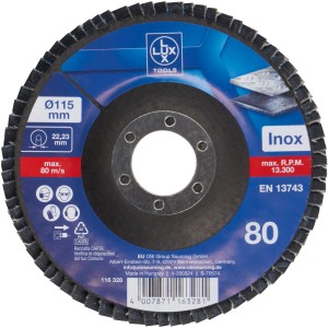 LUX lamellás csiszolókorong fémhez, Ø 115mm, K80. Sarokcsiszoló tartozék.