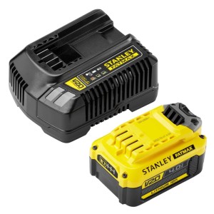 Stanley Fatmax V20 akkumulátor gyorstöltő akkumulátorral, 4 A töltőáram a gyors töltéshez.
