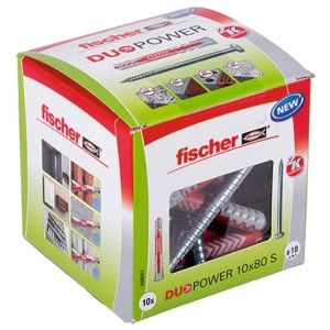 Fischer DuoPower tiplik 10x80 mm csavarokkal, 10 darabos csomag dobozban.