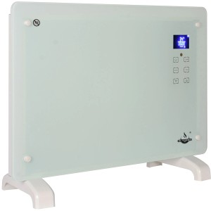 Fehér El Fuego 1500 W-os üvegkonvektor LCD kijelzővel, álló.