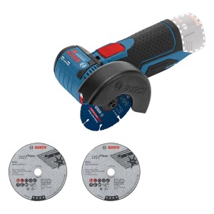 Bosch GWS 12 V-76 Solo akkus sarokcsiszoló, kék-fekete, kék vágótárcsával és két szürke tárcsával.