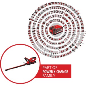 Einhell GC-CH 1846 Li Kit akkus sövényvágó akkumulátorral és Power X-Change családdal a háttérben.