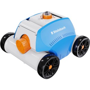 Steinbach Poolrunner Battery + medence robot kék és fehér színben, fekete kerekekkel.