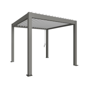 Biohort Pergola 3x3 m kvarc fehér színben: Modern teraszfedés lamellákkal és vízelvezetéssel.