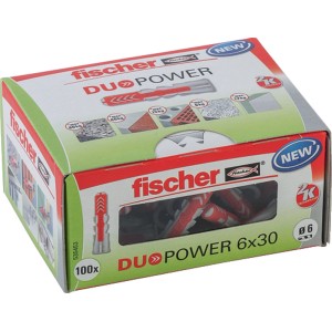 Fischer DuoPower 6x30 mm dübel csomagolás, univerzális tipli a biztonságos rögzítéshez.