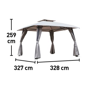 Szürke Granisle pavilon, 327x328 cm, oldalsó panelekkel és szellőzőnyílással a tetőn.