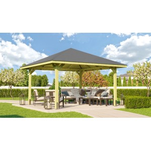 Impregnált Weka fa pavilon Paradicsom 357x357 cm bútorokkal a kertben.