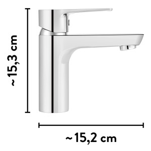 Fényes baliv WT-580 króm mosdócsaptelep, egykaros, modern, kb. 15,3 cm magas, 15,2 cm mély.