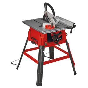 Einhell TC-TS 2025/3 Eco asztali körfűrész: Piros asztali fűrész állvánnyal és porelszívással.