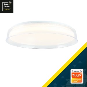 Okos LED mennyezeti lámpa Leanna, fehér/átlátszó, Ø 41 cm. Dimmerelhető lámpa távirányítóval és Tuya WIFI-vel.