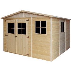 Timbela fa kerti ház M335+M335G, 9 m², ablakkal és padlóval. Kezeletlen fa dupla ajtóval és ablakokkal.