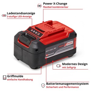 Einhell Power X-Change akkumulátor 18 V 5,2 Ah Plus: Piros és fekete akkumulátor töltöttségjelzővel.
