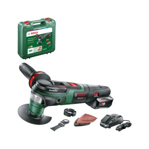 Bosch AdvancedMulti 18V akkus multifunkciós szerszámkészlet akkumulátorral, töltővel és tartozékokkal a tokban.