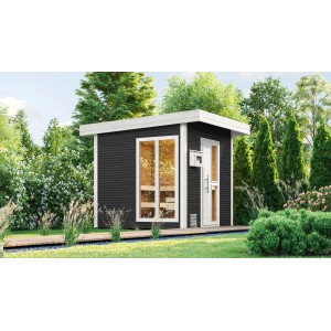 Modern, antracit színű Weka Design Kuopio 1 szaunaház ablakkal és ajtóval a kertben.