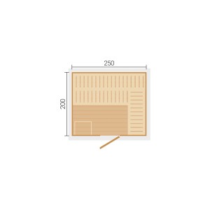 Weka Kaapi 4 szaunaház alaprajza kályha nélkül: 250x200cm, padokkal és ajtóval.