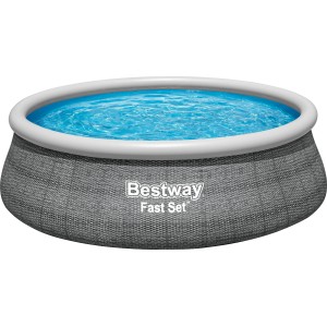 Bestway Fast Set medence, Ø 457 cm, palaszürke. Quick-Up medence rattan hatással és kék vízzel.