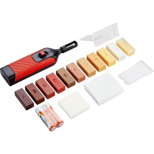18 részes laminált javítókészlet olvasztó eszközzel, különböző színű viaszblokkokkal és tartozékokkal.