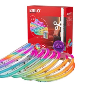 Brilo 3m LED szalag RGBIC színmódokkal, távirányítóval, vágható és öntapadó, a piros termékdoboz előtt.